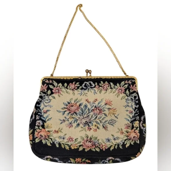 Vintage West Germany Embroidered Floral Purse With Gold Tone Chain Strap - Picture 2 of 9